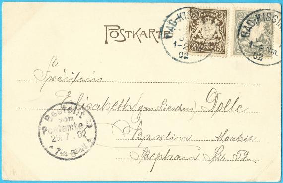 Historische Ansichtskarte Bad Kissingen - Paul Davidsohn Historische Ansichtskarte von Bad Kissingen - Rakoczy Brunnen mit Gläserhalle - versandt von Paul Davidsohn am 28. Juli 1902 nach Berlin - Kartenrückseite