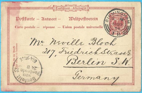 Postcard to Mr. Neville Bloch, Friedrichstrasse 217 in Berlin, - mailed from Birmingham to Berlin on August 22, 1896.