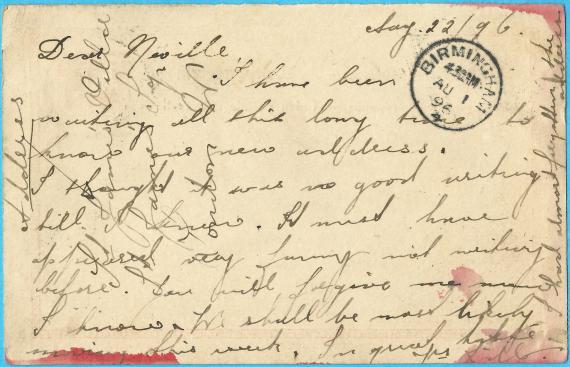 Postkarte - Neville Bloch Postkarte an Mr. Neville Bloch, Friedrichstrasse 217 in Berlin, - versandt am 22. August 1896 von Birmingham nach Berlin - Kartenrückseite