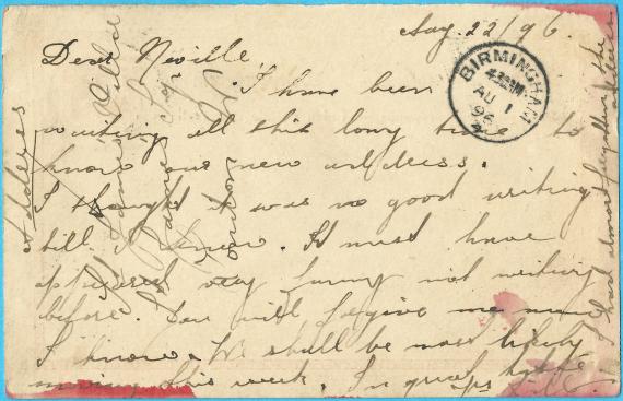 Postcard to Mr. Neville Bloch, Friedrichstrasse 217 in Berlin, - mailed August 22, 1896 from Birmingham to Berlin - back of card