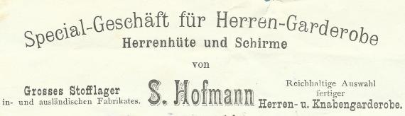 Invoice from Samuel Hofmann, Special store for men's wardrobe, men's hats and umbrellas, - issued November 8, 1900 - Detail enlargement invoice letterhead.