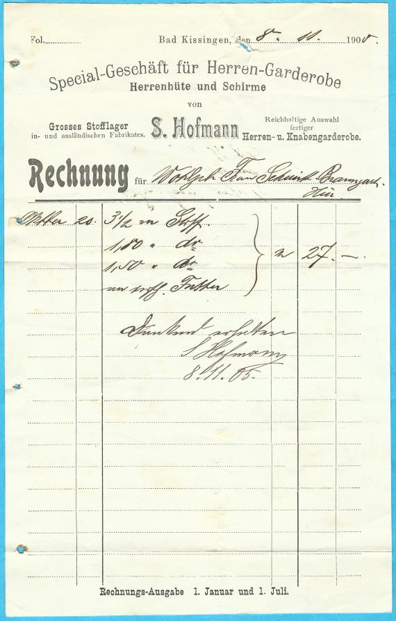 Rechnung - Samuel Hofmann Rechnung von Samuel Hofmann, Special-Geschäft für Herren-Garderobe, Herrenhüte und Schirme, - ausgestellt am 8. November 1900