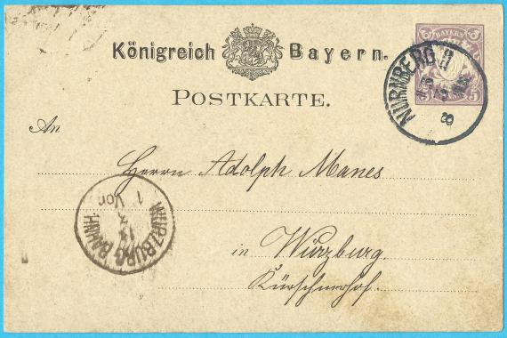 Postkarte an Herrn Adolph Manes in Würzburg, Kürschnerhof - versandt am 13. März 1879