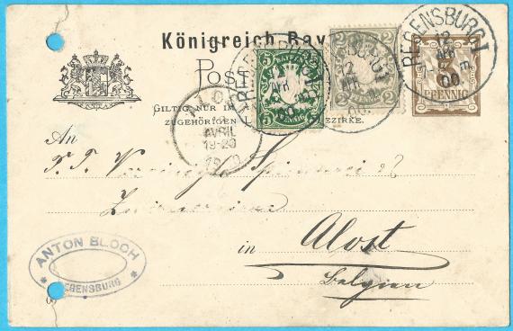 Postkarte geschäftlicher Art des " Kurz,-Weiß,-und Wollwaren-Geschäft Anton Bloch " in Regensburg - versandt am 12. April 1900 nach Belgien