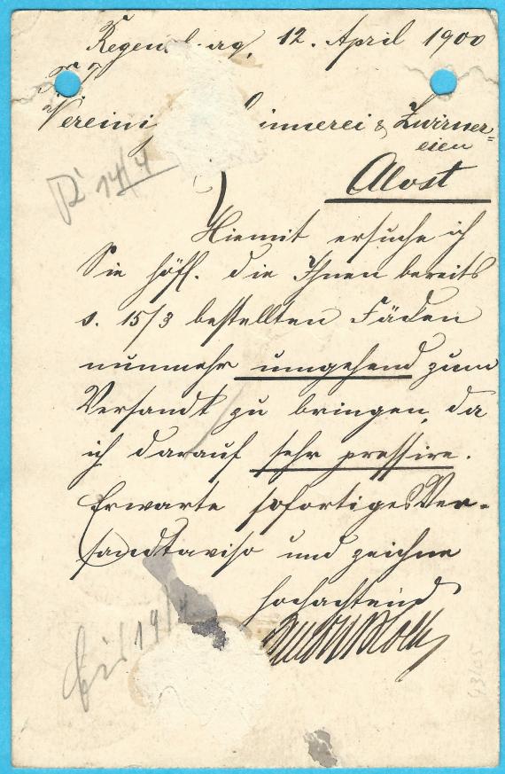 Postcard of business nature of " Kurz,-Weiß,-und Wollwaren-Geschäft Anton Bloch " in Regensburg - sent to Belgium on April 12, 1900 - back of card