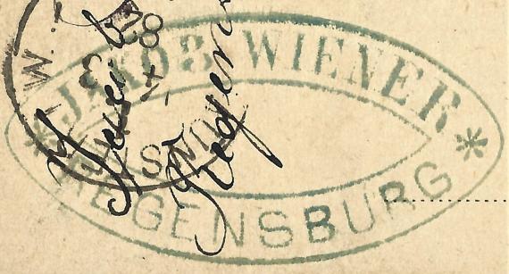 Postcard of a business nature from Jacob Wiener in Regensburg,- mailed March 13, 1882 - detail enlargement name cancel