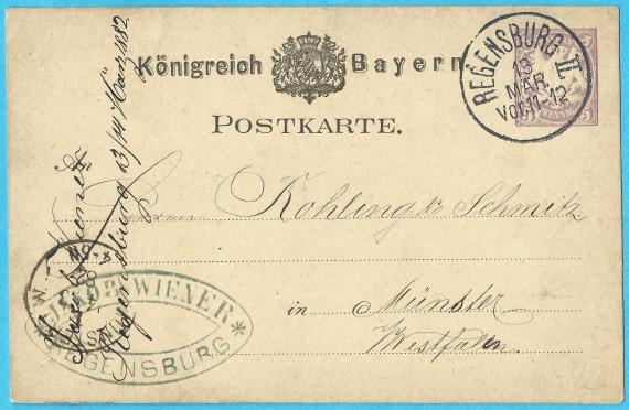 Postkarte geschäftlicher Art von Jacob Wiener in Regensburg,- versandt am 13. März 1882 