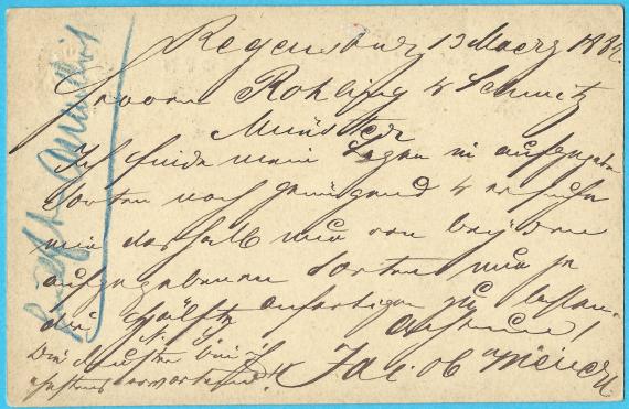 Postkarte - Jacob Wiener Postkarte geschäftlicher Art von Jacob Wiener in Regensburg,- versandt am 13. März 1882 - Kartenrückseite