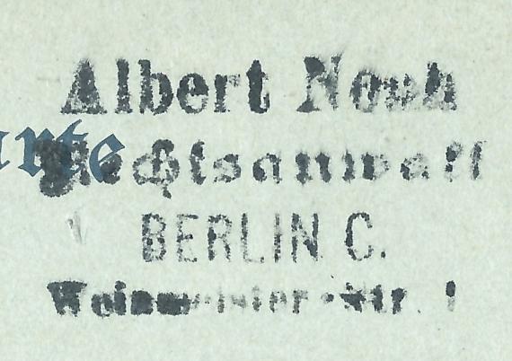 Postcard of business nature from " Attorney Albert Noah " in Berlin, Weinmeisterstraße 1, - mailed on January 30, 1907 - detail enlargement company postmark