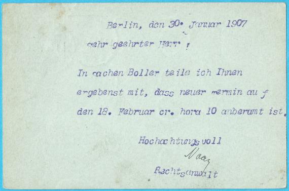 Postkarte - Albert Noah Postkarte geschäftlicher Art von " Rechtsanwalt Albert Noah " in Berlin, Weinmeisterstraße 1, - versandt am 30. Januar 1907 - Kartenrückseite