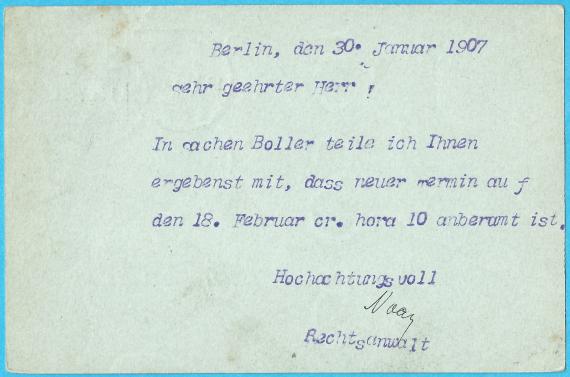 Postcard of a business nature from " Attorney Albert Noah " in Berlin, Weinmeisterstraße 1, - mailed on January 30, 1907 - back of card