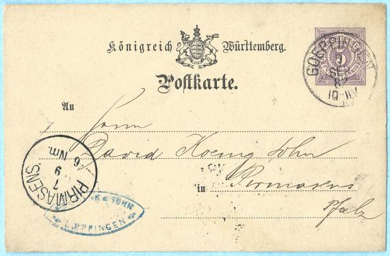 Postkarte geschäftlicher Art - Quittung - von " Heumann & Sohn " in Göppingen, - versandt am 7. September 1882