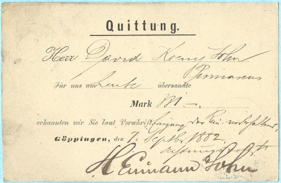 Postcard of business nature - receipt - from " Heumann & Sohn " in Göppingen, - mailed on September 7, 1882 - back of card