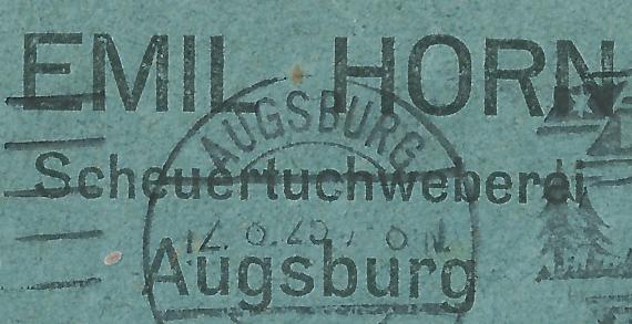 Geschäfts-Briefumschlag der " Scheuertuchweberei Emil Horn " in Augsburg - versandt am 12. August 1925 - Ausschnittvergrößerung Firmenname