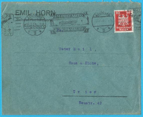 Business envelope of the " Scheuertuchweberei Emil Horn " in Augsburg - mailed on August 12, 1925