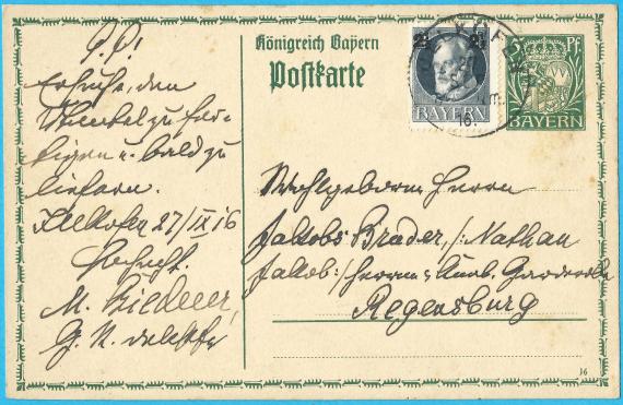 Postcard of business nature to Hochwohlgeboren Herr " Jakobs Bruder / Nathan Jakob, Herren & Knaben Garderobe " in Regensburg - mailed September 27, 1916