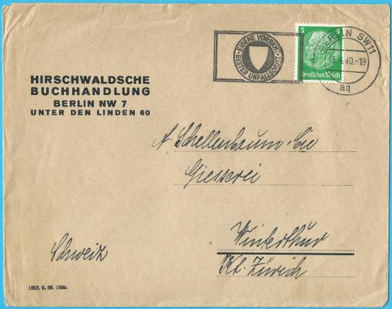 Briefumschlag - Hirschwaldsche Buchhandlung, Berlin NW 7, Unter den Linden 60 - versandt am 3. April 1940 