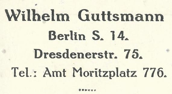 Postkarte geschäftlicher Art der " Lederwarenfabrik Wilhelm Guttsmann GmbH " in Berlin S.14, Dresdener Straße 75 - versandt am 9. März 1925 - Ausschnittvergrößerung Firmenadresse