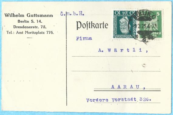 Postkarte geschäftlicher Art der " Lederwarenfabrik Wilhelm Guttsmann GmbH " in Berlin S.14, Dresdener Straße 75 - versandt am 9. März 1925 