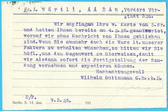 Postkarte geschäftlicher Art der " Lederwarenfabrik Wilhelm Guttsmann GmbH " in Berlin S.14, Dresdener Straße 75 - versandt am 9. März 1925 - Kartenrückseite