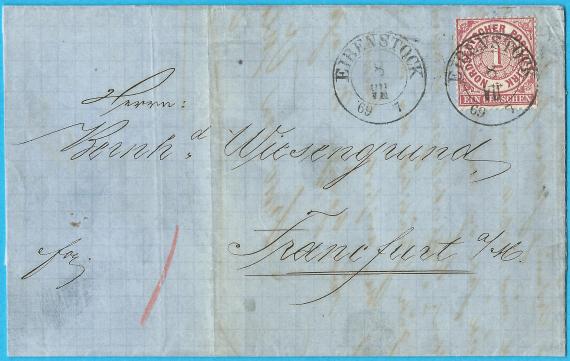 Letter of a business nature to Mr. Bernhard Wiesengrund in Frankfurt am Main - mailed July 8, 1869 - front of letter with address