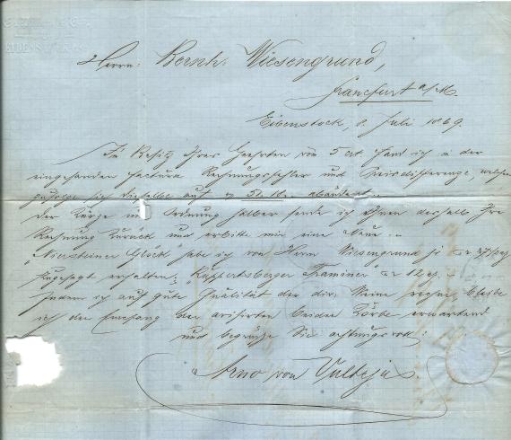 Letter of a business nature to Mr. Bernhard Wiesengrund in Frankfurt am Main - sent on July 8, 1869 - Letter - inside with text