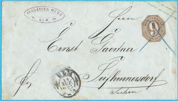 Envelope - sent by " Alexander Murr - Ulm " on September 24, 1867