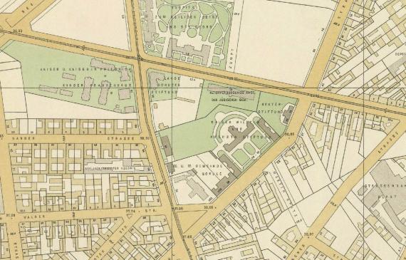 Die "Altersversorgungsanstalt der Jüdischen Gemeinde" im Kartenausschnitt des nördlichen Wedding um den heutigen Nauener Platz um 1910 im Straube-Plan