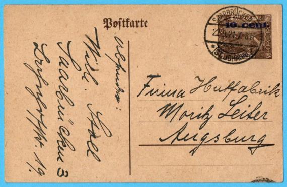 Postkarte geschäftlicher Art an Firma " Hutfabrik Moritz Leiter " in Augsburg - versandt am 22. September 1921 