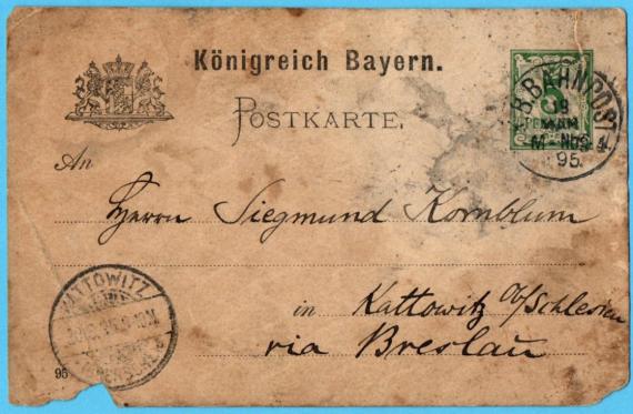 Postkarte privater Art an Herrn Siegmund Kornblum in Kattowitz Oberschlesien via Breslau, -  versandt aus München, Kgl.Frauenklinik am 19. März 1895 