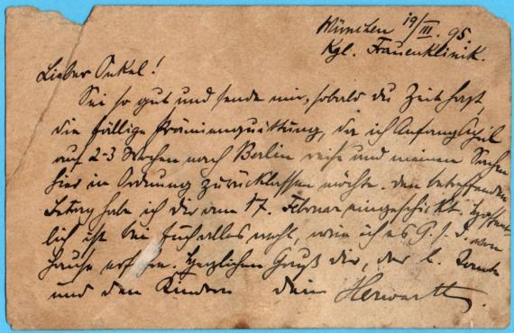 Postkarte - Siegmund Kornblum Postkarte privater Art an Herrn Siegmund Kornblum in Kattowitz Oberschlesien via Breslau, - versandt aus München, Kgl.Frauenklinik am 19. März 1895 - Kartenrückseite