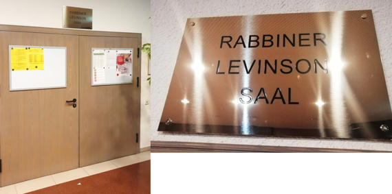 Collage: Links:: zwei geschlossene Türen. Rechts: Plakette mit Aufschrift Rabbiner Levinson Saal