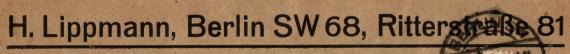Envelope " H. Lippmann, Berlin SW 68, Ritterstraße 81 " - mailed on October 12, 1923 - detail enlargement company address