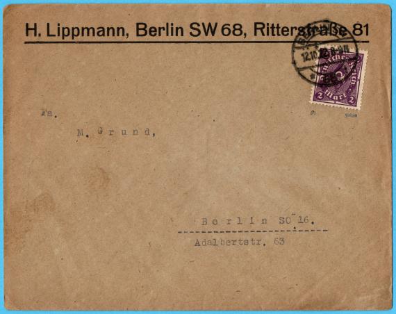 Briefumschlag " H. Lippmann, Berlin SW 68, Ritterstraße 81 " - versandt am 12. Oktober 1923 