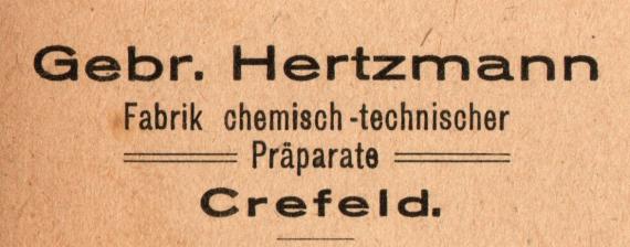 Business postcard of the " Fabrik chem- technischer Präparate Gebr. Hertzmann " in Crefeld, mailed on February 9, 1923 - detail enlargement of company name