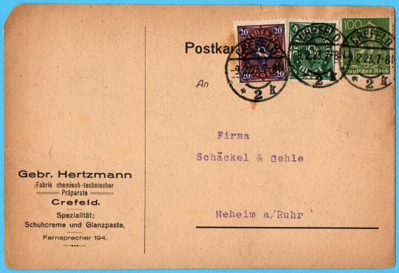 Business postcard of the " Fabrik chem- technischer Präparate Gebr. Hertzmann " in Crefeld, mailed February 9, 1923