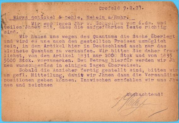 Business postcard of the " Fabrik chem- technischer Präparate Gebr. Hertzmann " in Crefeld, mailed on February 9, 1923 - back of card