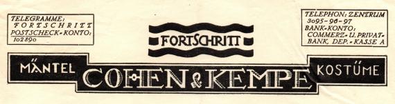 Rechnung von " Cohen & Kempe, Mäntel u. Kostüme " in Berlin, Krausenstraße 17-18 , ausgestellt am 6. Oktober 1925  -  Ausschnittvergrößerung Rechnungskopf