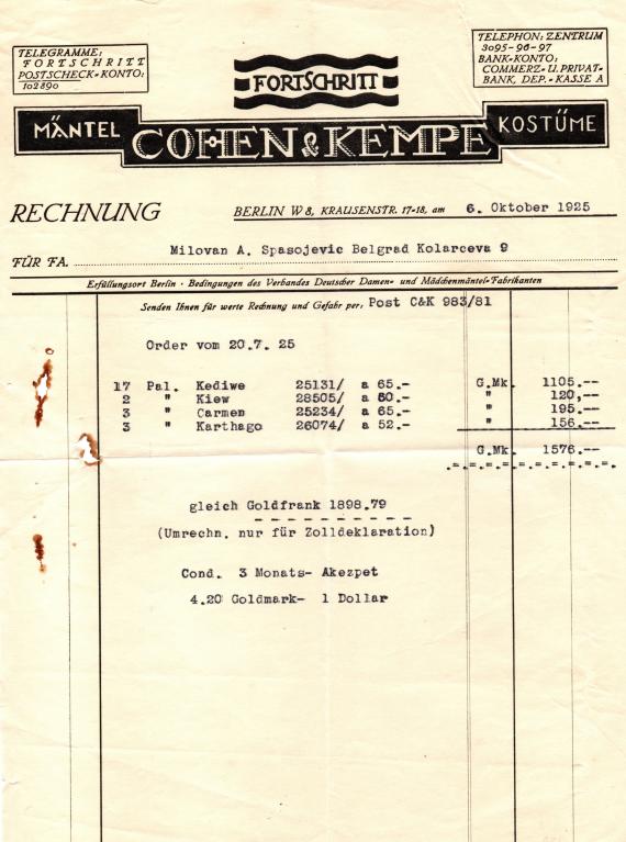 Rechnung von " Cohen & Kempe, Mäntel u. Kostüme " in Berlin, Krausenstraße 17-18 , ausgestellt am 6. Oktober 1925 