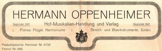 Brief von " Hermann Oppenheimer, Hof - Musikalien - Handlung und Verlag " in Hameln, geschrieben am 9. Juni 1923 - Ausschnittvergrößerung Briefkopf