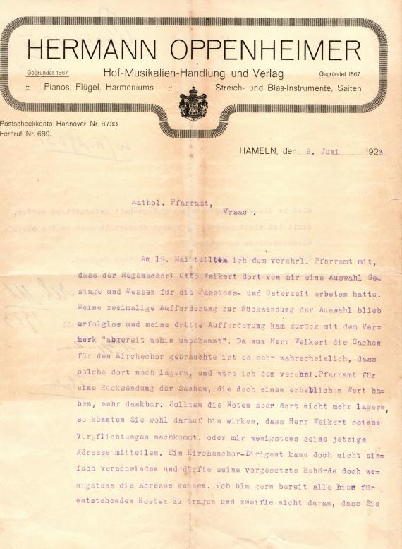 Letter from " Hermann Oppenheimer, Hof - Musikalien - Handlung und Verlag " in Hameln, written on June 9, 1923