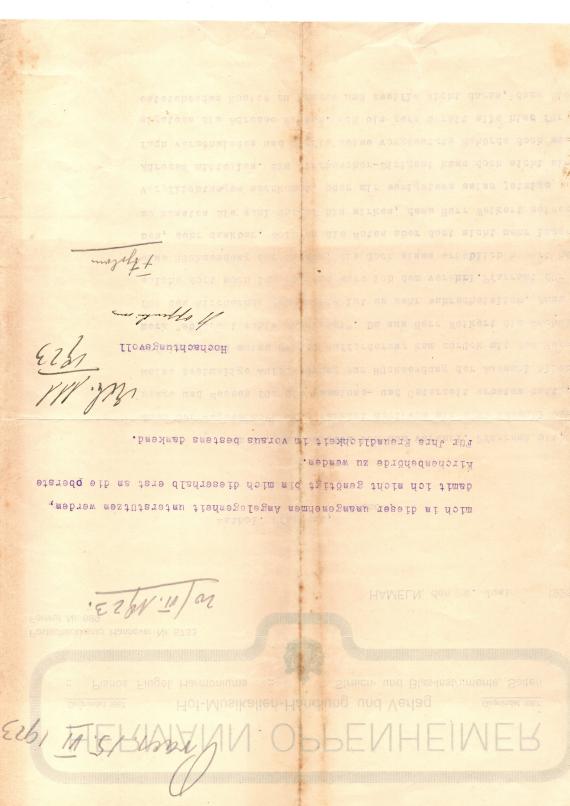 Brief - Hermann Oppenheimer Letter from " Hermann Oppenheimer, Hof - Musikalien - Handlung und Verlag " in Hameln, written on June 9, 1923 - back of letter
