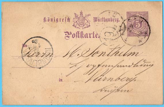 Postkarte geschäftlicher Art an Herrn " M. Sonthelm, Hopfenhandlung " in Nürnberg, Bayern, - versandt am 29. Oktober 1888