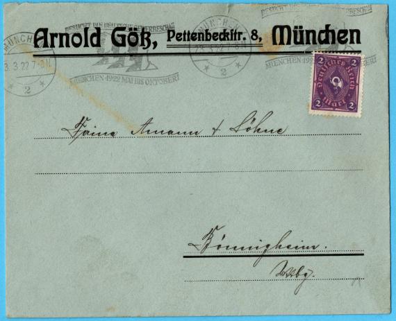 Briefumschlag von " Arnold Götz, München, Pettenbeckstraße 8 " - versandt am 23. März 1922 