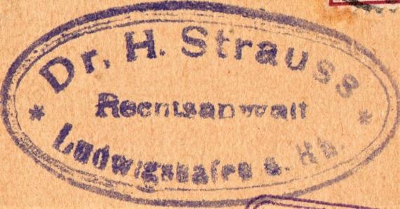 Postkarte geschäftlicher Art von " Rechtsanwalt Dr. H. Strauss, Ludwigshafen a. Rh. - versandt am 13. Januar 1922 - Ausschnittvergrößerung Absenderstempel