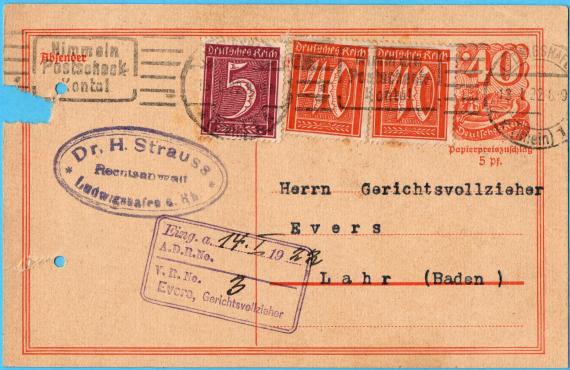 Postkarte geschäftlicher Art von " Rechtsanwalt Dr. H. Strauss, Ludwigshafen a. Rh. - versandt am 13. Januar 1922