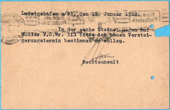 Postkarte geschäftlicher Art von " Rechtsanwalt Dr. H. Strauss, Ludwigshafen a. Rh. - versandt am 13. Januar 1922 - Kartenrückseite