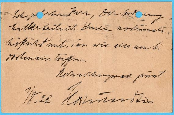 Postcard from Dr. Ernst Hochstaedter in Frankfurt am Main, mailed August 1, 1922 - back of card