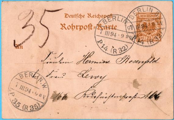 Private pneumatic postcard to Fräulein Hermine Rosenfeld - Frau Lewy, Kurfürstenstraße 166 - sent on March 7, 1894 within Berlin