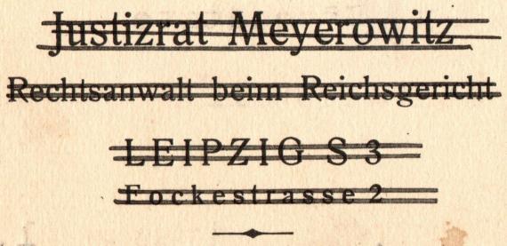 Zweckentfremdete Postkarte von " Justizrat Meyerowitz, Rechtsanwalt beim Reichsgericht, Leipzig S 3, Fockestraße 2 ", - versandt am 23.6.1931 - Ausschnittvergrößerung - durchgestrichene Absenderadresse